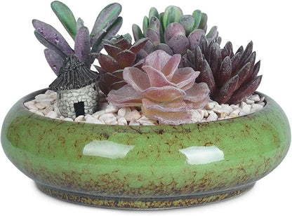 ARTKETTY Succulent Pots - 7.3 Inch Ceramic Bonsai Pots with Drainage Tray, Large Shallow Succulent Planters for Indoor Cactus Plants Decorative Flower Plant Container Bowl