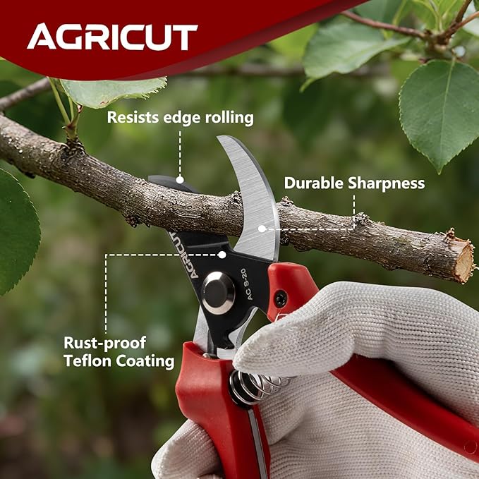 AGRICUT Bypass Pruning Shears Gardening - 4/5 Inch Cut Capacity Garden Scissors with High Carbon Steel Blade Nylon Handle Hand Clippers Red