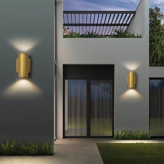 Modern LED Outdoor Wall Lights 7" Cylinder Up and Down Exterior Lighting Fixtures Handmade Gold Outdoor Wall Sconce Wall Mount on Any Direction