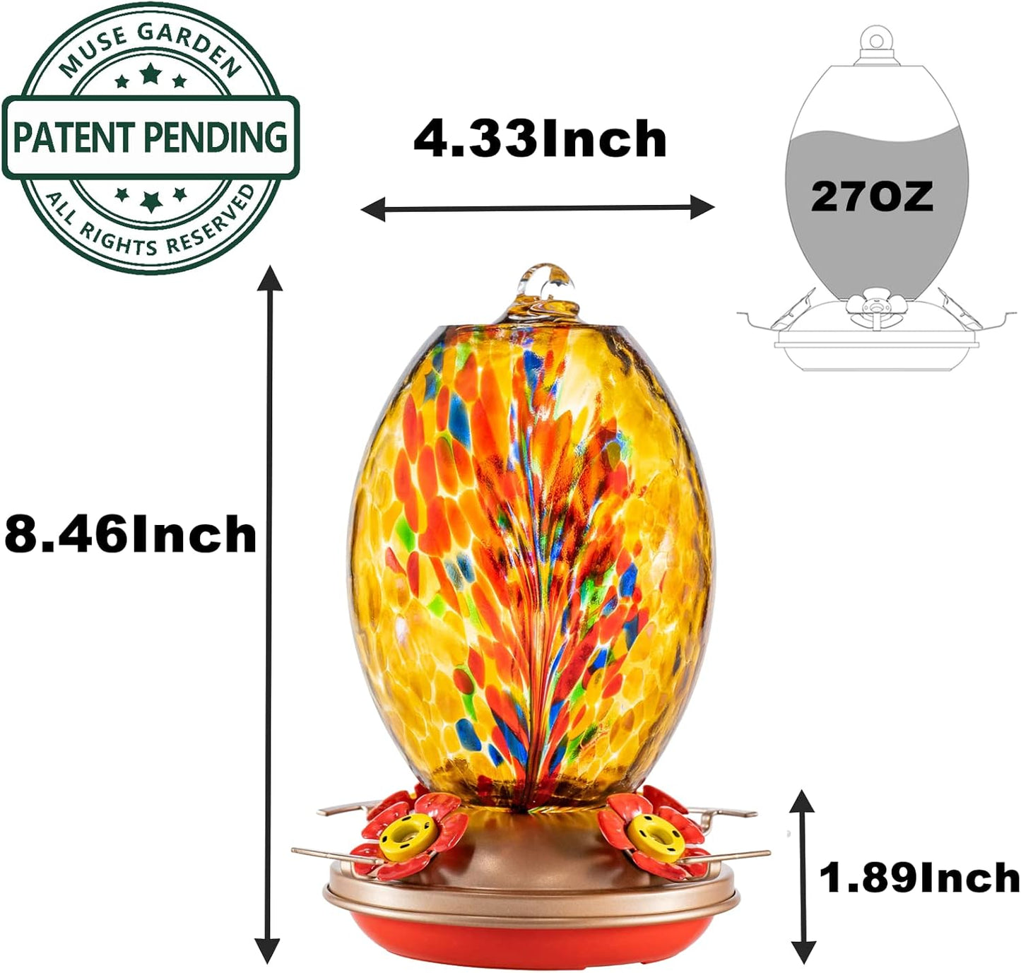 Muse Garden Glass Humming Bird Feeders for Outdoors - 27OZ Blown Glass Hummingbird Feeder - Unique Gift for Mom Women Grandparents, Outdoors Hanging Garden Decor, Ant Moat & Brush, Amber Fireworks