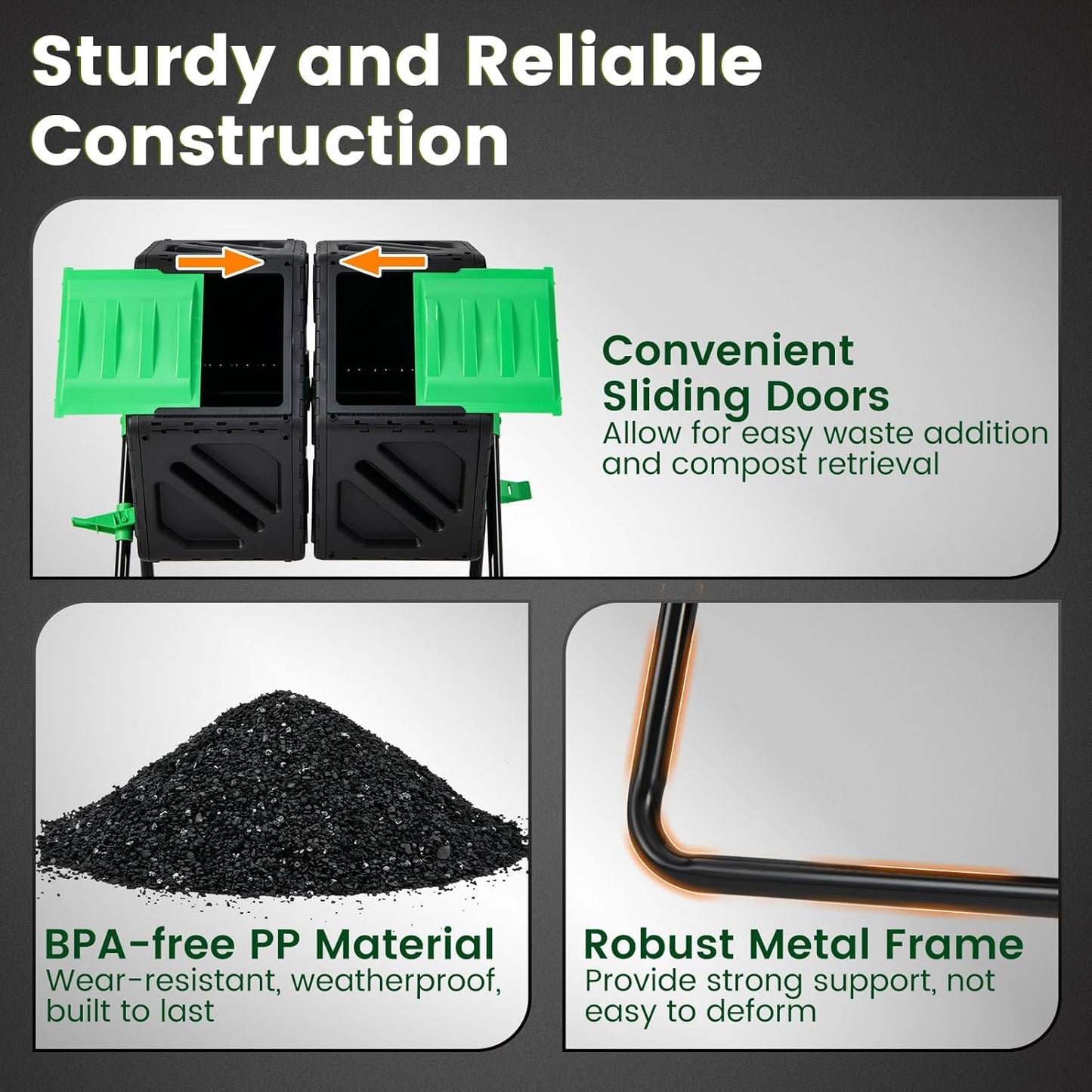 Dual Chamber Outdoor Compost Tumbler, Heavy-Duty Rotating Composter with Aeration & 2 Sliding Doors, 34.5 Gallon Composting Bin for Garden Kitchen Yard Waste