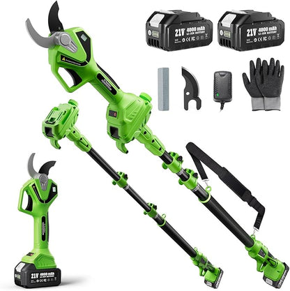 Electric Pruning Shears with Pole: 1.6" Cutting Diameter 2-in-1 Cordless Pole Pruner - 2 Pcs 4.0Ah Batteries, Brushless Motor, Extra SK5 Blade, Branches Cutter for Flower Tree Trimming