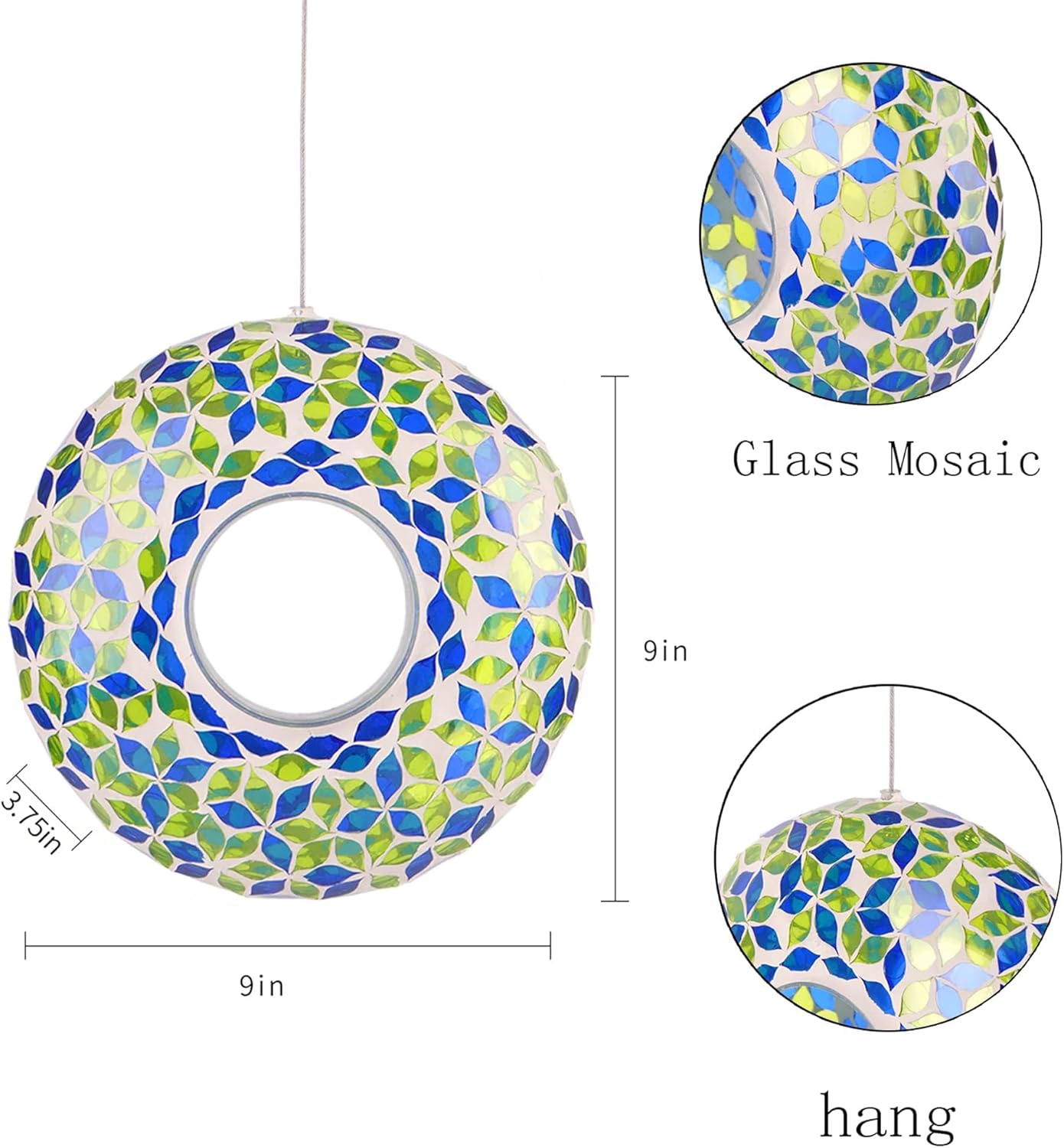 Mosaic Bird Feeder - Outdoor Fly Through Wild Hanging Bird Feeders with Mosaic Glass Design for Garden, Yard, Backyard, Deck and Porch Decor, 9 Inch