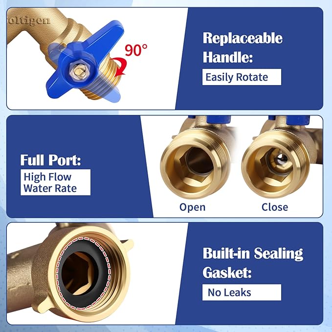 Boltigen Garden Hose Splitter Full Flow Port 2 Way Heavy Duty Brass Y Type Hose Connector 3/4'' GHT Thread Water Hose Shuf Off Valve Adapter Fitting, for Outdoor Faucet Irrigation House Sprinkler