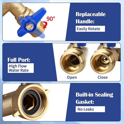 Boltigen Garden Hose Splitter Full Flow Port 2 Way Heavy Duty Brass Y Type Hose Connector 3/4'' GHT Thread Water Hose Shuf Off Valve Adapter Fitting, for Outdoor Faucet Irrigation House Sprinkler