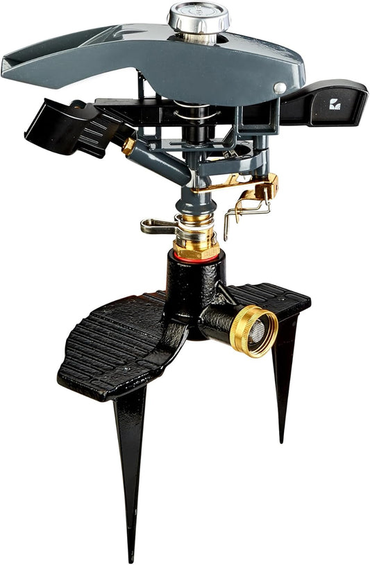 Lawn Pulsating Impact Sprinkler 300004, Heavy Duty, Adjustable to 360 Degrees on 3-Prong Metal Step Spike by New England Garden Tools