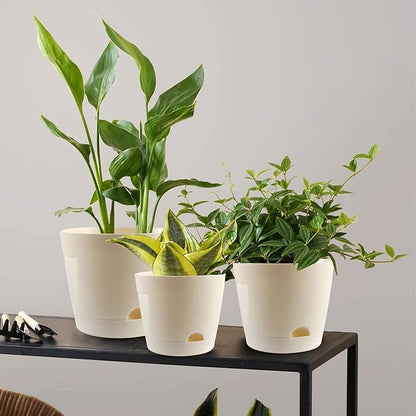 Self Watering Pots for Indoor Plants, 5+6+7 Inch 6 Pack Self Watering Planter with Reservoir for All Housplants Flowers Garden, Plastic Flower Pots for Succulents Planting Pot (Cream White)