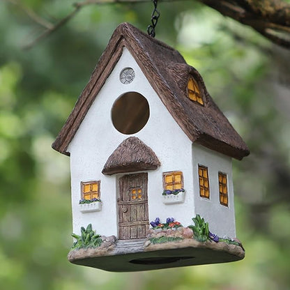 Rustic Cottage Birdhouse with Thatch Roof – Hand-Painted Resin Outdoor Bird House for Small Birds, Weatherproof Garden Decor for Backyard or Patio