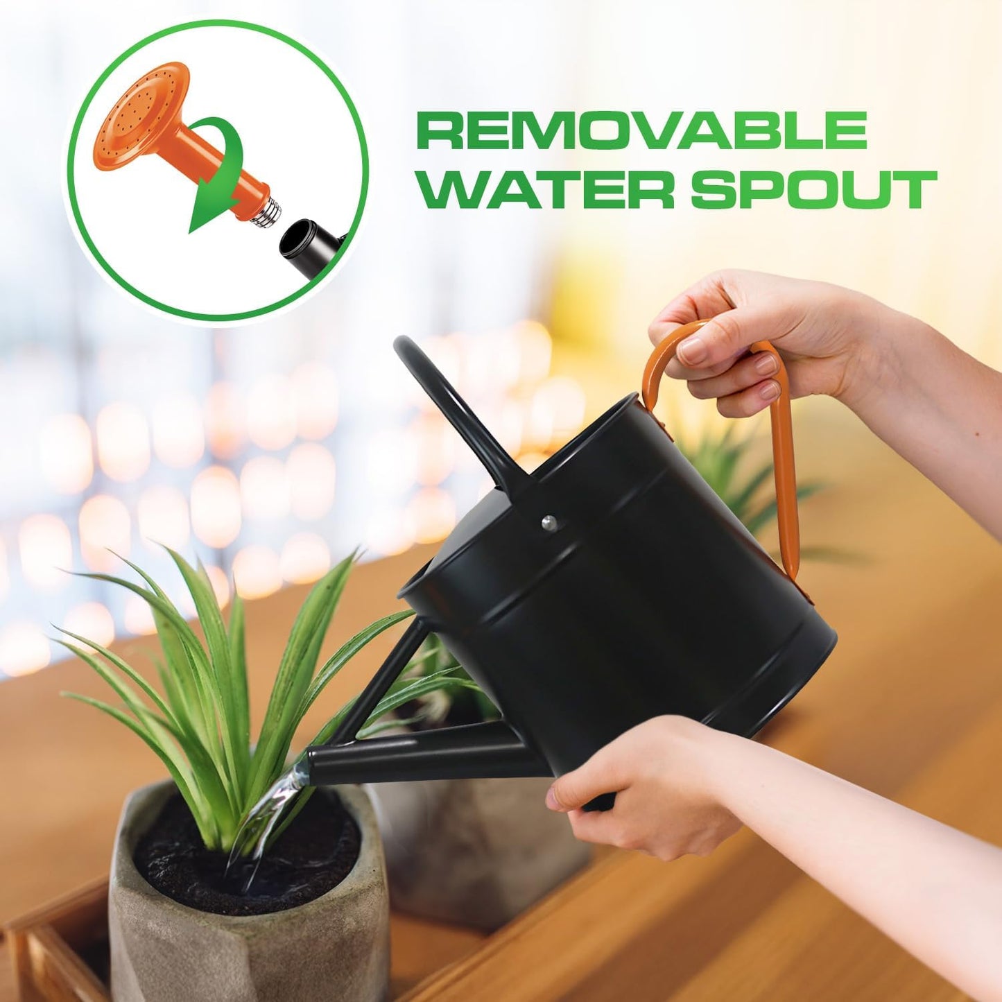 Plexon 1 Gallon Metal Watering Can Outdoor, Flower Plant Gardening Garden Large Watering Can Pot Pitcher, Steel Orange Handles and Removable Spray Spout, Black