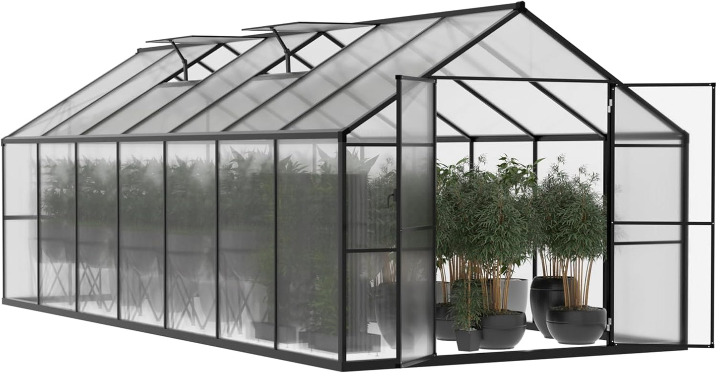BlueWish 8x14FT Greenhouse for Outdoors, Aluminum Greenhouses with Adjustable Vents,Lockable Door, Heavy Duty Greenhouse Kit with Polycarbonate, Walk-in Green House for Garden, Gray