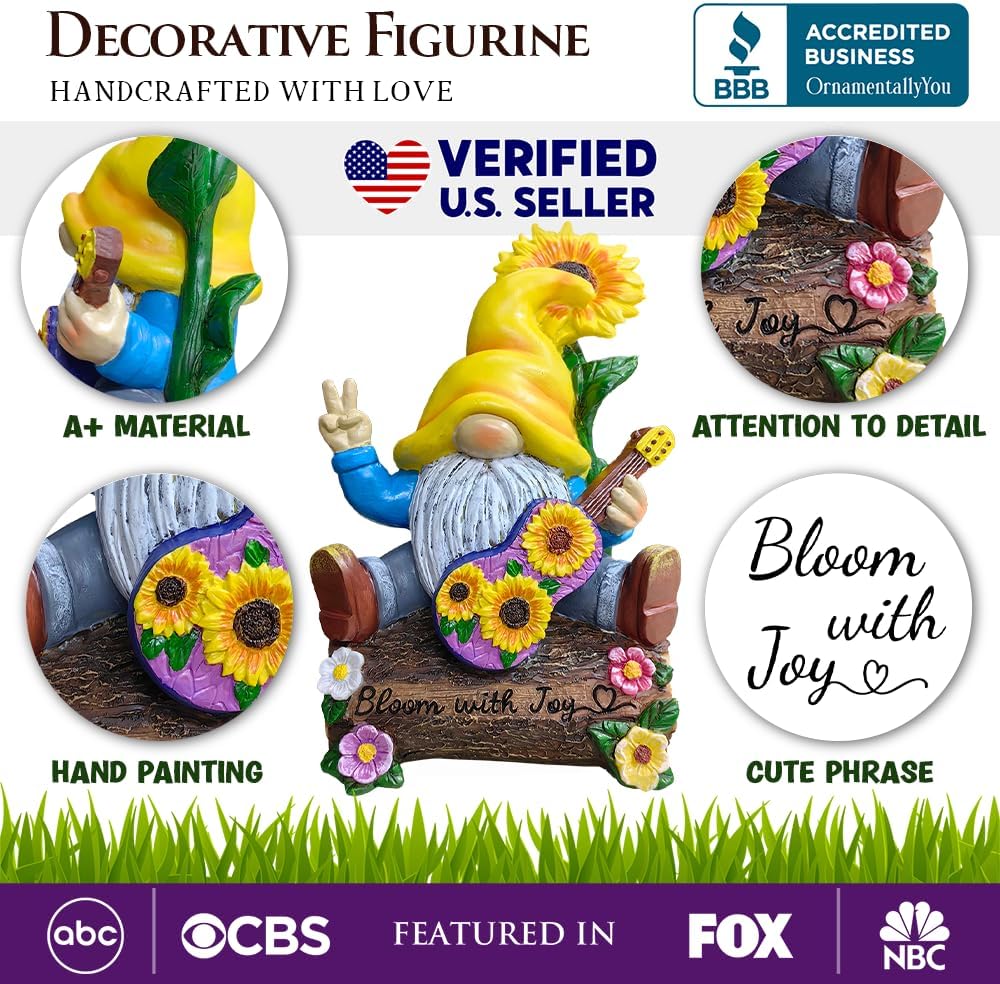 Spring & Summer-Themed Garden Statues – Adorable Outdoor Decor for Lawn, Patio & Porch (Bloom with Joy Sunflower Gnome 10" Garden Statue Figurine with Guitar, Spring and Summer Home Decoration)