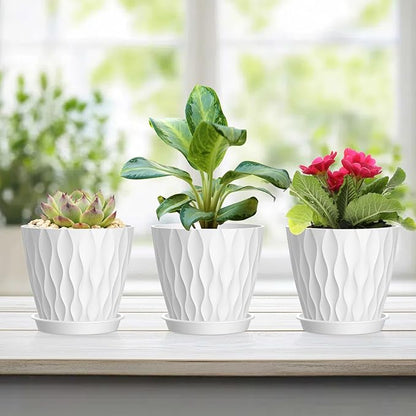 4 Inch Small Pots for Plants, 6 Pack Waffle Texture Small Plant Pots for Succulents, Plastic Planter with Drainage Holes and Saucers for Indoor Outdoor Plants, Flowers, Herbs, Seedlings, White