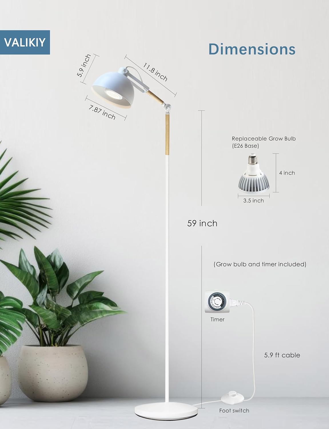 LED Grow Light for Indoor Plants, 20W Adjustable Standing Grow Lamp with Rotatable Head, Foot Switch & External Timer, Full Spectrum, Energy-Efficient & 97+ CRI for Thriving, Lush Growth