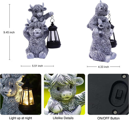 Goodeco 9.5 Inch Highland Cow with Solar Lantern – Resin Garden Decor, Outdoor Statue & Unique Highland Cow Gifts (Gray)