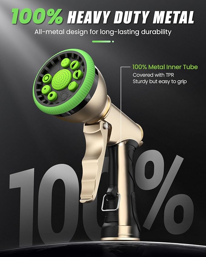 RAINPOINT Garden Hose Nozzle, Heavy Duty Metal Water Hose Sprayer Nozzle with 9 Adjustable Spray Patterns, High Pressure Hand Sprayer for Watering Plants, Lawns, Car and Pet Washing (2Pack, Green)