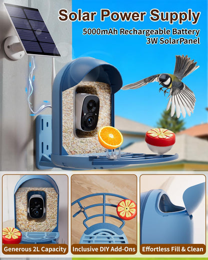 Smart Bird Feeder with 2K Camera, Solar Powered Wireless Birds House with APP Control, Night Vision, Motion Detection Alerts, IP66 Outdoor Birdfeeder for Backyard Garden Bird Watching,Blue