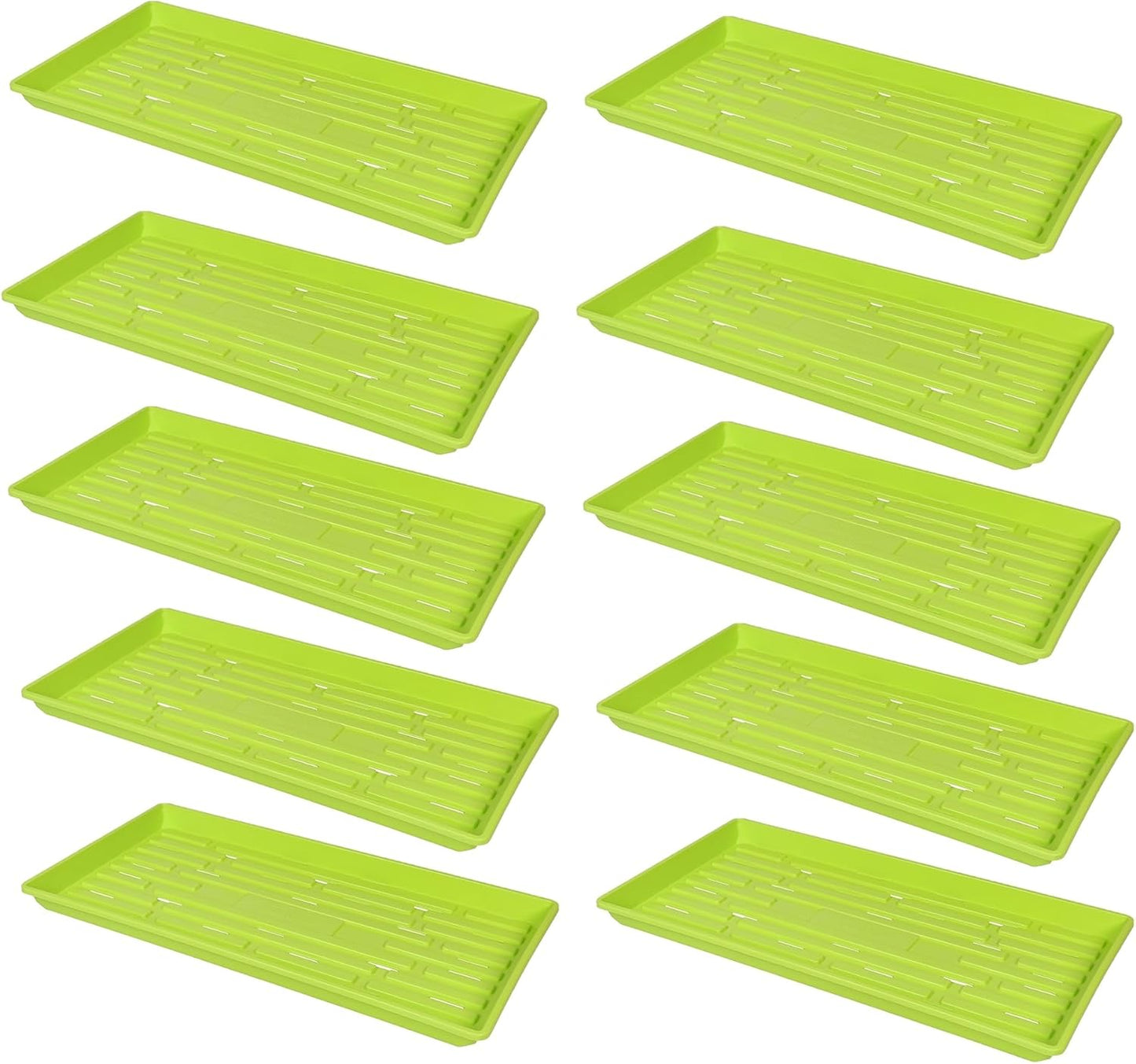 SUNPACK 10" x 20" Heavy Duty Shallow Plastic Seed Starting Tray, Lime Green, 1" (Pack of 10) - Lined with Drainage Holes for Excess Water and Aeration, Ideal for Greenhouses or Indoor Gardening