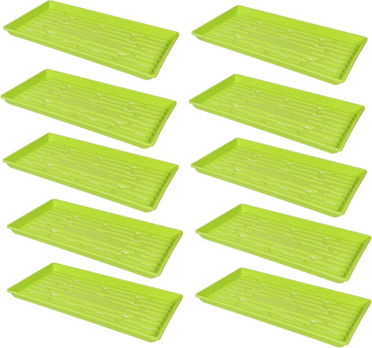 SUNPACK 10" x 20" Heavy Duty Shallow Plastic Seed Starting Tray, Lime Green, 1" (Pack of 10) - Lined with Drainage Holes for Excess Water and Aeration, Ideal for Greenhouses or Indoor Gardening