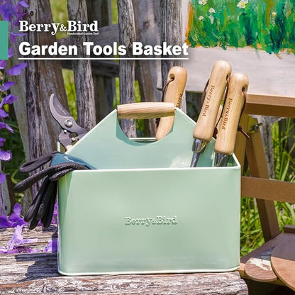Berry&Bird Garden Tool Organizer, Metal Garden Caddy with 4 Compartments and Wooden Handle, Gardening Tools Box for Indoor & Outdoor, Practical Gardener Gift for Gardening Lovers