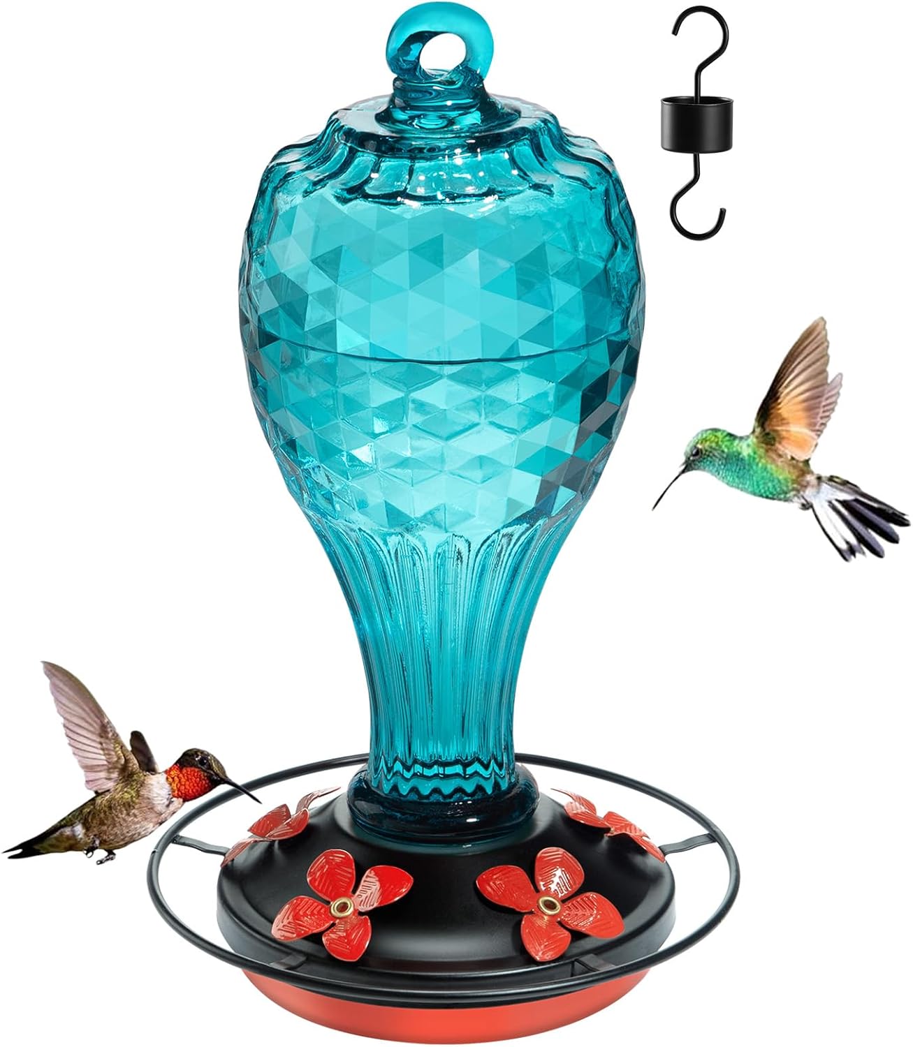 Hummingbird Feeder - Hand Blown Glasss Hummingbird Feeders for Outdoors Hanging with Ant Moat, Never Fade, Garden Backyard Decoration, for Women Mom Dad (Blue)
