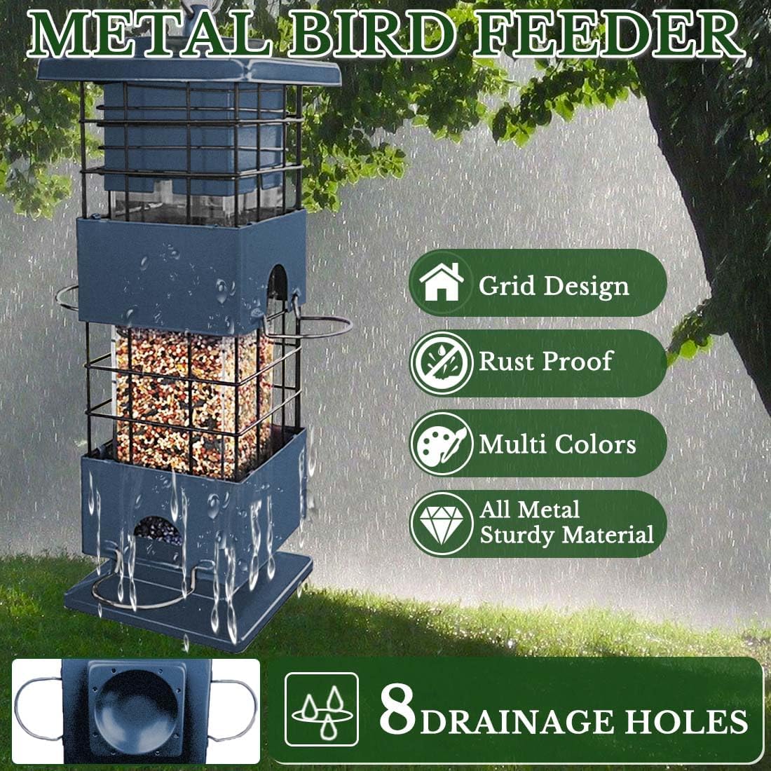 Squirrel Proof Bird Feeder, Metal Bird Feeders for Outdoors, 3Lbs Birdfeeder Outside Hanging, Weight Activated Spring, 4 Feeding Ports, Cardinals, Finches & Sparrows, Wild Birds (Blue)