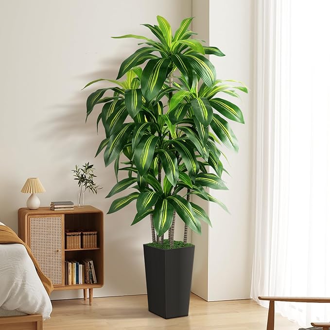 Artificial Dracaena Tree Indoor, 5FT Tall Fake Tree with Black Tall Planter, Artificial Trees Fake Yucca Potted Tree for Home Office Living Room Decor，Tall Artificial Plant for Housewarming