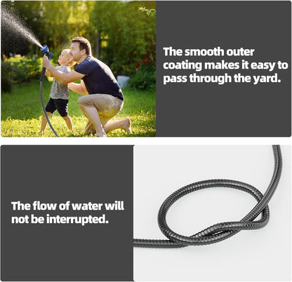 SPECILITE 25ft 304 Stainless Steel Garden Hose Metal, Heavy Duty Water Pipe with Nozzles for Yard, Outdoor - Flexible, Never Kink & Tangle, Puncture Resistant (Black)
