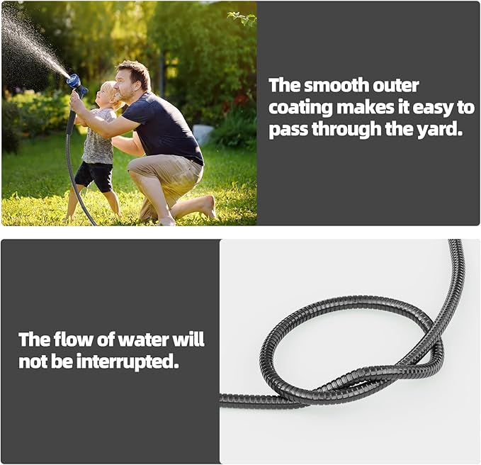 SPECILITE 50ft 304 Stainless Steel Garden Hose Metal, Heavy Duty Water Pipe with Nozzles for Yard, Outdoor - Flexible, Never Kink & Tangle, Puncture Resistant (Black)