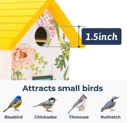 Spring Melody Bluebird House, Composite Material Nesting Box, Hanging Birdhouse for Blue Bird,Sparrow, Chickadee, Birdhouse for Outside, 5 Years Weatherable Bird Box on Post for Pole (Garden Cottage)