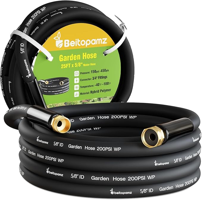 Garden Hose 25 ft x 5/8 in Heavy Duty Water Hose, Flexible and Durable, Lightweight Rubber Hybrid Hose, Leak-Free Connections, Male to Female Fittings, BT25B, Black