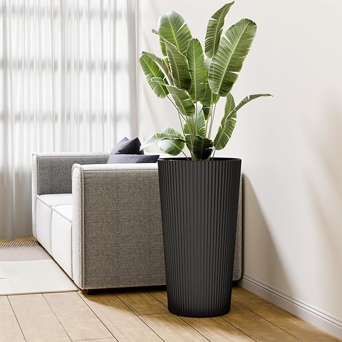 23.6" Tall Planters for Outdoor Plants,Large Outdoor Planters for Front Porch Decor with Drainage Hole, Flower Pots Fits Indoor Plants Patio/Garden, Plastic Striped Black (2 Pack)