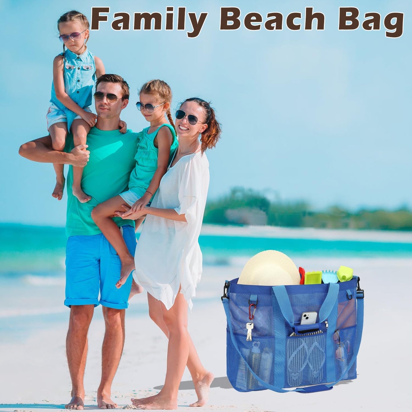 Mesh Beach Bag, Large Beach Tote with Zipper Pocket for Family Pool Bag for Toys & Vacation Essentials