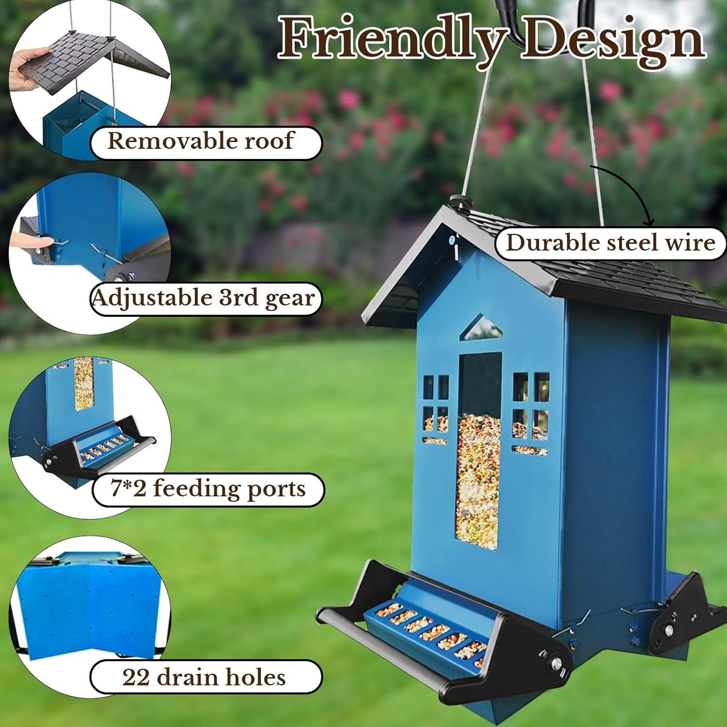 Squirrel Proof Bird Feeder, Bird Feeders Hanging for Outdoors 6 Lbs Seed, Wild Metal Birdfeeder for Small Birds, Cardinal, Outside, Garden (Blue)