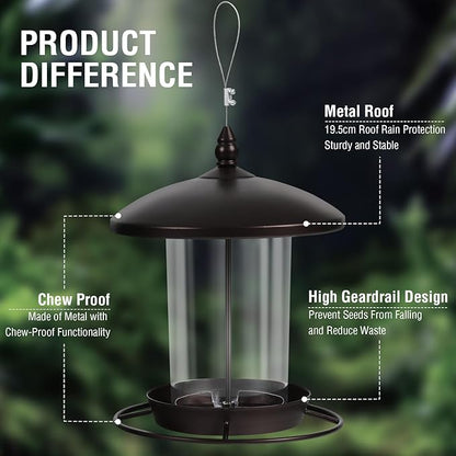 Metal Bird Feeder for Outdoors Hanging,3.0LB Seed Feeder,Easy to Fill & Clean,360° Feeding,Weatherproof Roof for Gardens and Wild Birds,Brown
