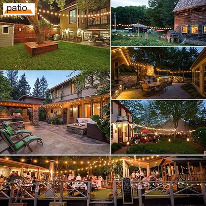 Outdoor String Lights LED 100FT Commercial Grade Heavy Duty Light String Lights with 30 Sockets 32 Shatterproof Plastic Bulbs Include 2 Spare S14 Dimmable Edison Bulbs Patio Market Cafe Light
