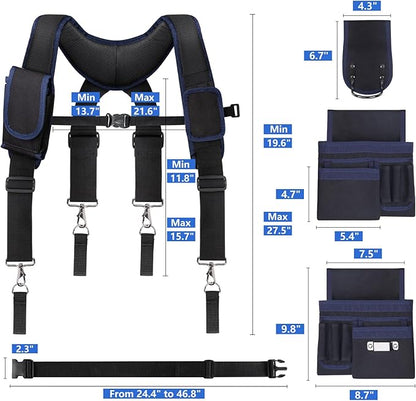 Tool Belt With Suspenders, 24 Pockets Tool Bag with Magnetic Wristband, Detachable Tool Pouch Bag, Adjustable Waists for Men Electrician Carpenter Construction(Blue)