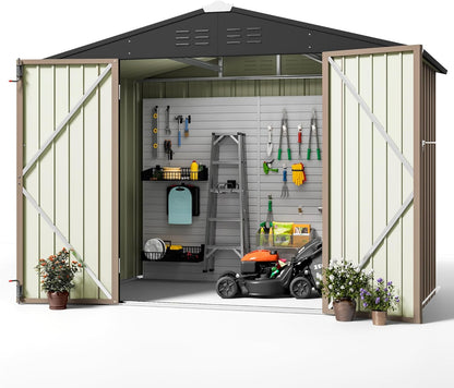 Greesum Outdoor Storage Shed 6 x 8 ft. Utility Tool Shed Metal Storage Garden Shed with Door & Lock for Patio Storage, Brown
