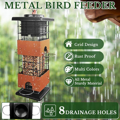 Squirrel Proof Bird Feeders, Metal Bird Feeder for Outdoors, 3 Lbs Birdfeeder Outside Hanging, Weight Activated Spring, 4 Feeding Ports, Finches, Cardinals, Wild Birds, Brown