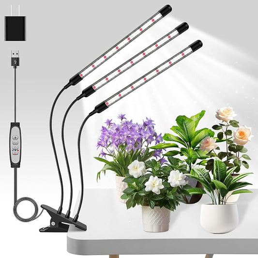 3 Head Grow Lights for Seed Starting, 6000K Full Spectrum Grow Lights for Indoor Plants with 6/12/18H Auto Timer, 5 Dimmable Level Plant Light, Plant Lamp Clip-on Desk for Indoor Plant Growing