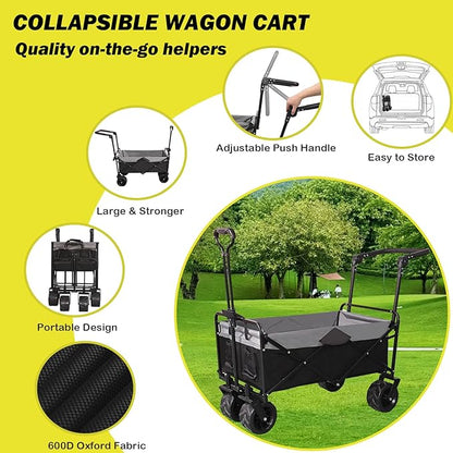 Collapsible Folding Wagon with Extra Push Pull Handle, Heavy Duty Utility Cart with Big All-Terrain Beach Wheels, Large Capacity Folding Garden Wagon for Shopping, Beach, Sports, Outdoor