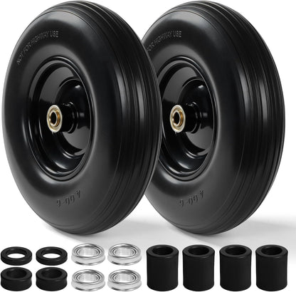 Backyard Expressions 13-Inch Flat-Free PU Tire 2-Pack – Solid PU Replacement Wheels with 5/8" & 3/4" Bearings, Spacer Kit & Steel Hubs for Wheelbarrows, Garden Carts, Wagons, Hand Trucks & More