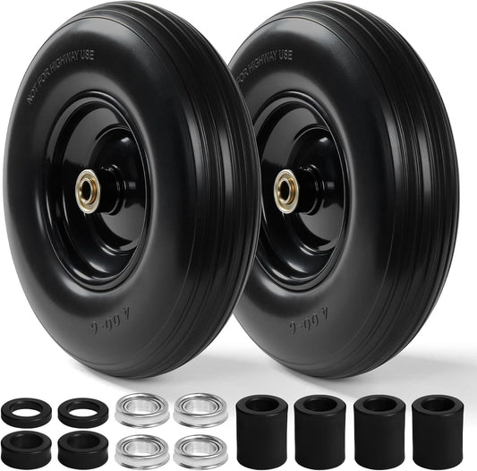 Backyard Expressions 13-Inch Flat-Free PU Tire 2-Pack – Solid PU Replacement Wheels with 5/8" & 3/4" Bearings, Spacer Kit & Steel Hubs for Wheelbarrows, Garden Carts, Wagons, Hand Trucks & More