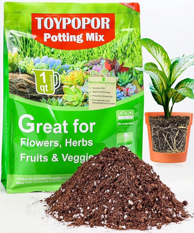 TOYPOPOR Potting Soil for All Indoor Houseplants, Contains Perlite, Peat Moss, Coco Coir and Rice Charcoal, Well Draining Potting Mix Light, Aerated Texture for Healthy Plant Roots and Fast Growth 1qt