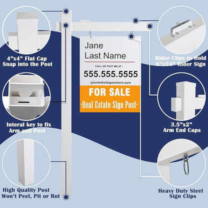Vinyl PVC Real Estate Sign Post 6' Tall (4"x 4"x 72"), Realtor Yard Sign Post with Flat Cap for Open House and Home for Sale, 36" Arm Holds Up to 24" Sign, White (No Sign)