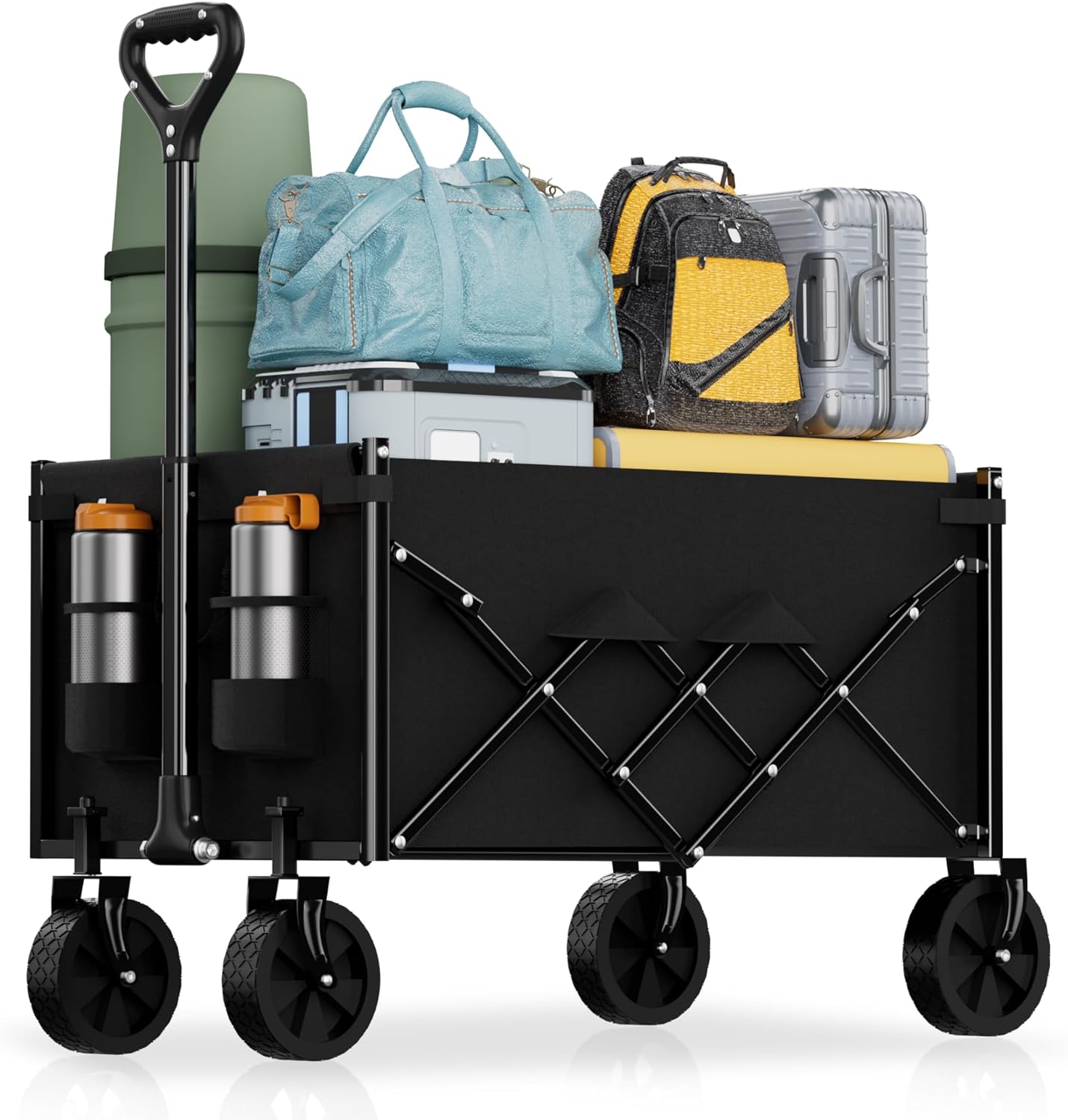 Lightweight Folding Wagon, Large Capacity Collapsible Grocery Cart on Big Wheels, Heavy Duty Foldable Shopping Carts, All-Terrain Outdoor Utility Carts for Camping, Sports, Garden, Beach, 3.5 Cu Ft