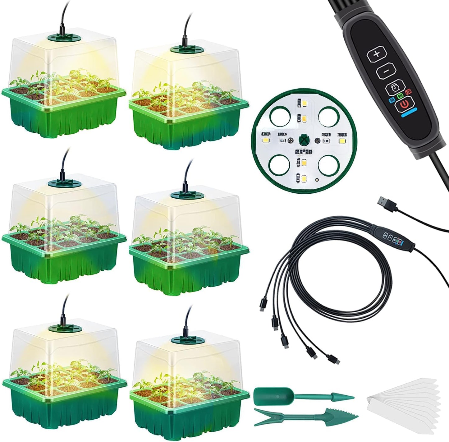 Seedling Starter Tray 6 Packs Seed Starter Tray with Grow Light, Smart Controller Seed Starting Trays Kit with Humidity Dome (72 Cells) Indoor Gardening Plant Germination Trays Green