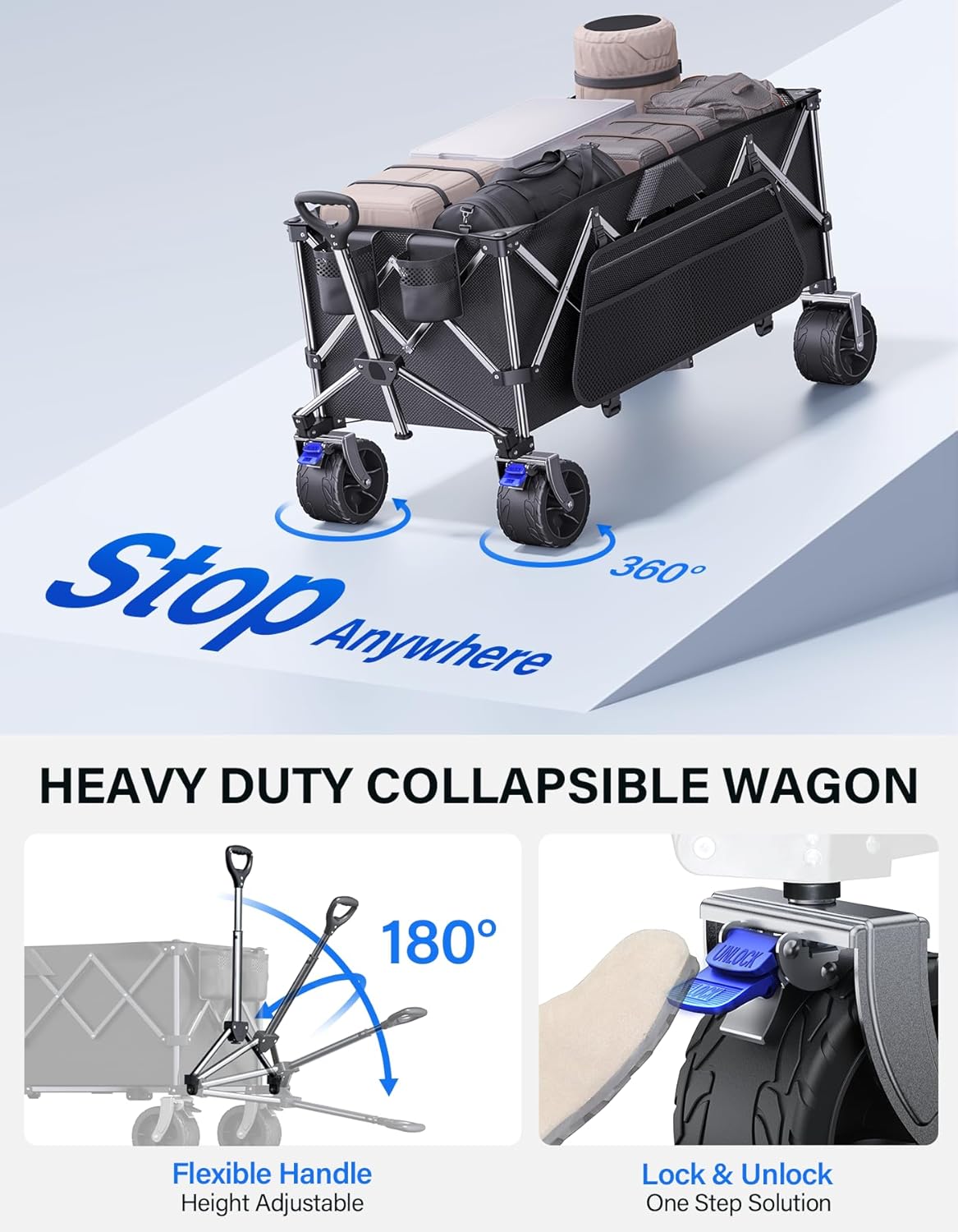 Collapsible Wagon, 440lbs Foldable Wagons Carts with Big Wheels, Heavy Duty Folding Wagon for Beach/Garden/Camping/Grocery-Ink Black