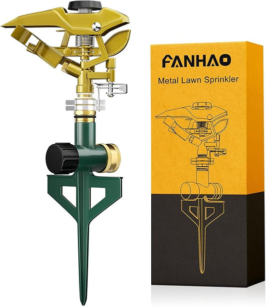 FANHAO Heavy Duty Pulsating Lawn Sprinkler on Spike Base, 100% Metal Impact Sprinkler with Adjustable Spray Pattern for Lawn Yard Irrigation, 360 Degree Large Area Coverage, Covers Up to 5800 sq. ft
