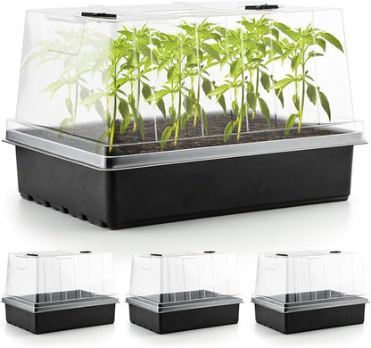 4-Pack Seed Starter Trays with 5'' Tall Humidity Domes – Reusable Plant Germination Kit for Microgreens, Herbs & Indoor Gardening | Clear Vented Lids, Fast Seedling Growth & Durable Design