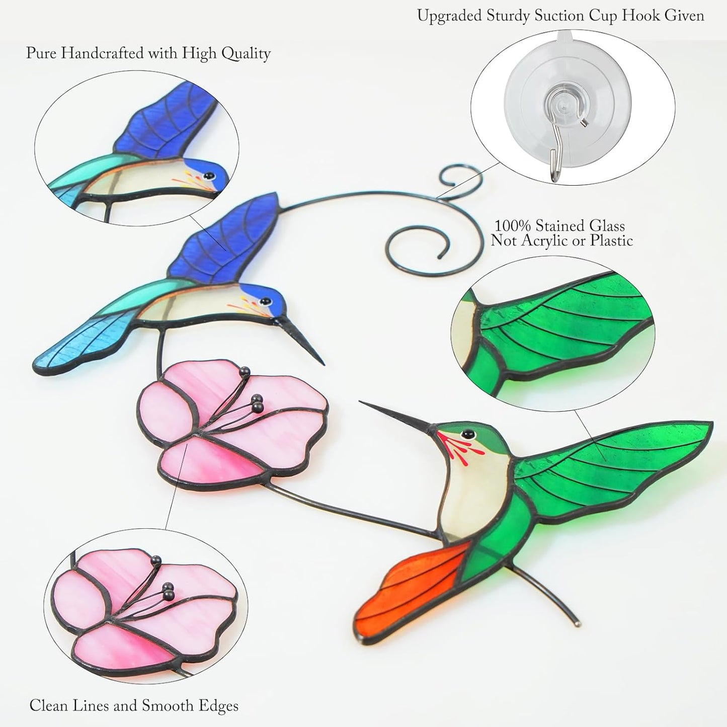 Hummingbird Stained Glass Window Hanging, Handmade Humming Bird with Flower Suncatcher, Sun Catcher Indoor Decor, Home Window Art, Decoration, Gift for Women Mom Bird Lover, 10"(W)X8"(H), Hanger Given